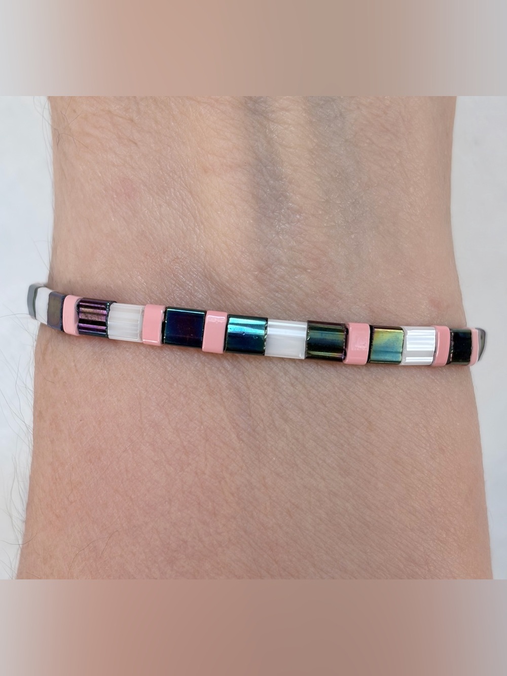 Pink/blue/white stackable Bracelet.Tila flat Beads.Handmade.Minimalist. 7”GIFT!